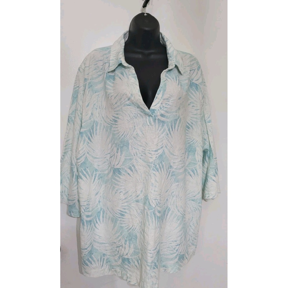 Martha Stewart Blue‎ & White 100% LINEN 3/4 Sleeve Side Buttons Top Shirt Sz 2X